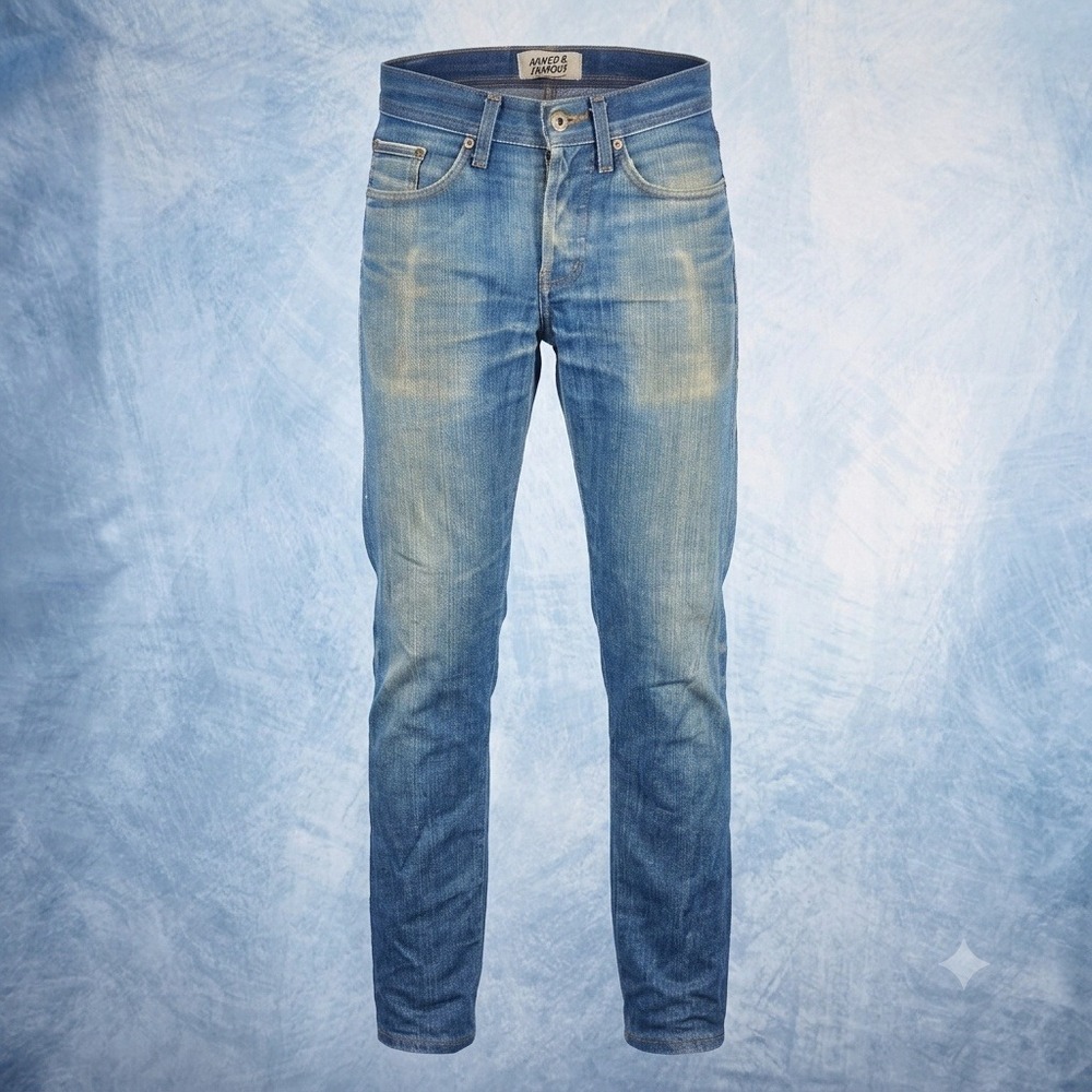 Naked & Famous Denim Mens Slim Blue Faded Whiskered Button Fly Jeans 29x29